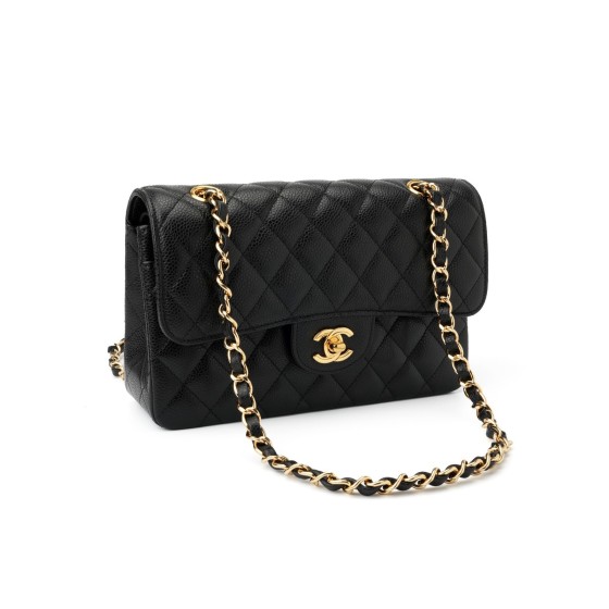 CHANEL Classic Flap CF diamond-shaped checkered gold buckle chain shoulder strap leather chain grain cowhide material gold metal crossbody bag shoulder bag medium size black