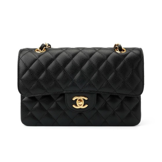 CHANEL Classic Flap CF diamond-shaped checkered gold buckle chain shoulder strap leather chain grain cowhide material gold metal crossbody bag shoulder bag medium size black