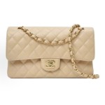 CHANEL Classic Flap CF chain leather interlocking diamond grainy calfskin crossbody shoulder bag medium size apricot color