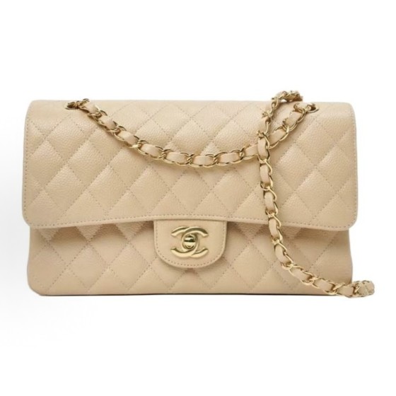 CHANEL Classic Flap CF chain leather interlocking diamond grainy calfskin crossbody shoulder bag medium size apricot color