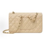 CHANEL Classic Flap CF chain leather interlocking diamond grainy calfskin crossbody shoulder bag medium size apricot color