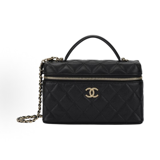 CHANEL 26P gold buckle Logo double C Logo diamond-quilted leather chain crystal gold metal box bag crossbody hand-carry makeup bag black