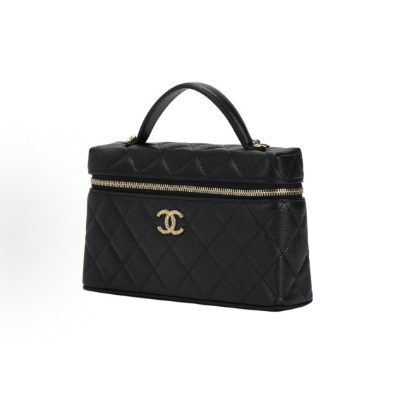 CHANEL 26P gold buckle Logo double C Logo diamond-quilted leather chain crystal gold metal box bag crossbody hand-carry makeup bag black