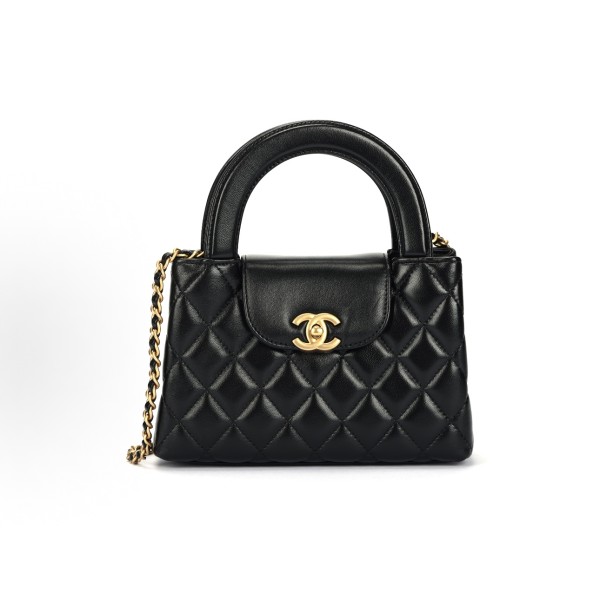 CHANEL 25A kelly Gold buckle Double C Logo diamond-shaped checkered quilted sheepskin gold metal handbag mini Black