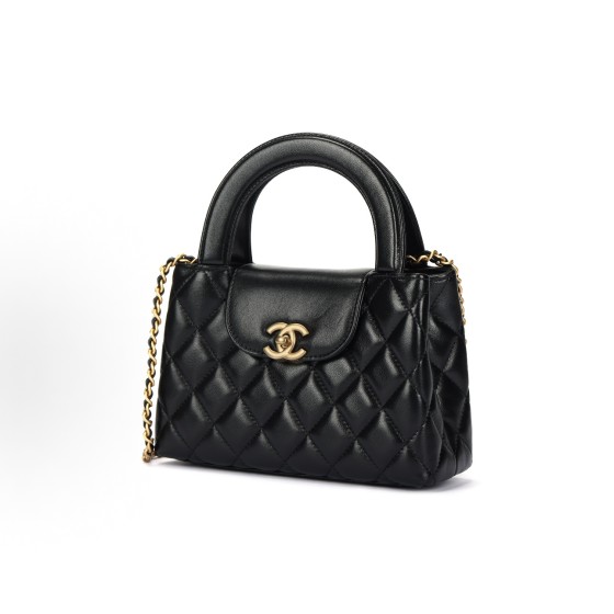 CHANEL 25A kelly Gold buckle Double C Logo diamond-shaped checkered quilted sheepskin gold metal handbag mini Black