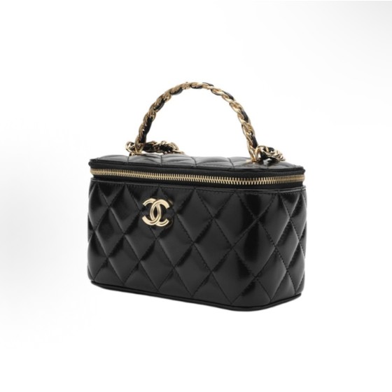 CHANEL 23S diamond-patterned leather chain, gold metal hand, bill of lading shoulder bag, crossbody bag, black handbag