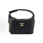 CHANEL 26C Golden embossed double C Logo, pineapple buckle, granular cowhide material, golden metal lunch box bag, crossbody handbag, black