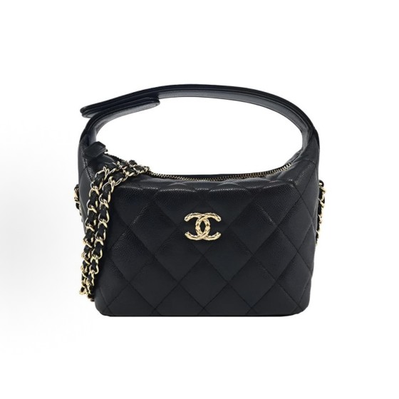 CHANEL 26C Golden embossed double C Logo, pineapple buckle, granular cowhide material, golden metal lunch box bag, crossbody handbag, black
