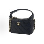 CHANEL 26C Golden embossed double C Logo, pineapple buckle, granular cowhide material, golden metal lunch box bag, crossbody handbag, black