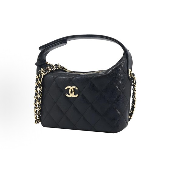 CHANEL 26C Golden embossed double C Logo, pineapple buckle, granular cowhide material, golden metal lunch box bag, crossbody handbag, black