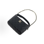 CHANEL 26C Golden embossed double C Logo, pineapple buckle, granular cowhide material, golden metal lunch box bag, crossbody handbag, black