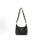 CHANEL 24A golden metal leather chain-crossed diamond-shaped lambskin bag, small black shoulder bag