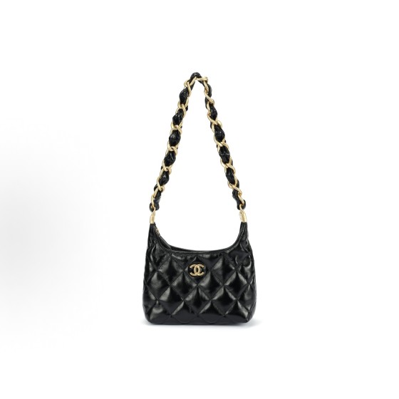 CHANEL 24A golden metal leather chain-crossed diamond-shaped lambskin bag, small black shoulder bag
