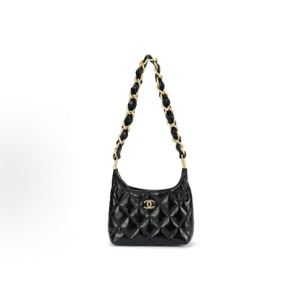 CHANEL 24A golden metal leather chain-crossed diamond-shaped lambskin bag, small black shoulder bag