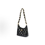 CHANEL 24A golden metal leather chain-crossed diamond-shaped lambskin bag, small black shoulder bag