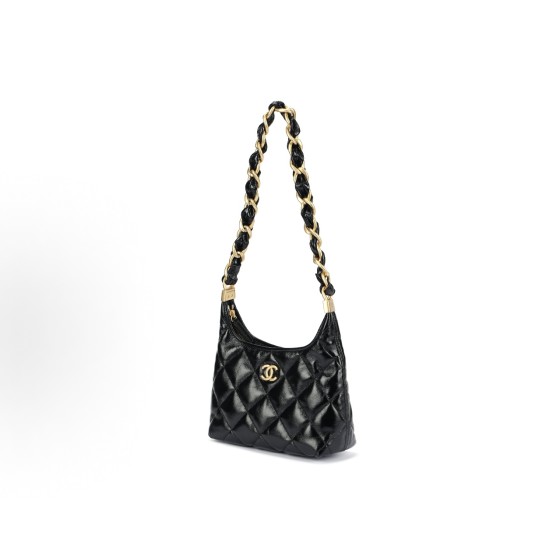 CHANEL 24A golden metal leather chain-crossed diamond-shaped lambskin bag, small black shoulder bag