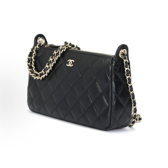 CHANEL 25A grain cowhide material, gold metal HOBO underarm bag, crossbody single-shoulder bag, black