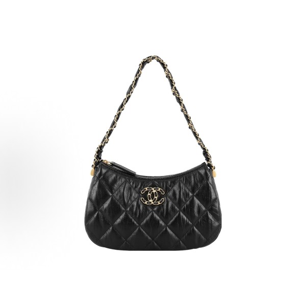 CHANEL 23K double C leather, chain diamond-shaped checkered underarm bag, Hobo, hand and shoulder bag, black