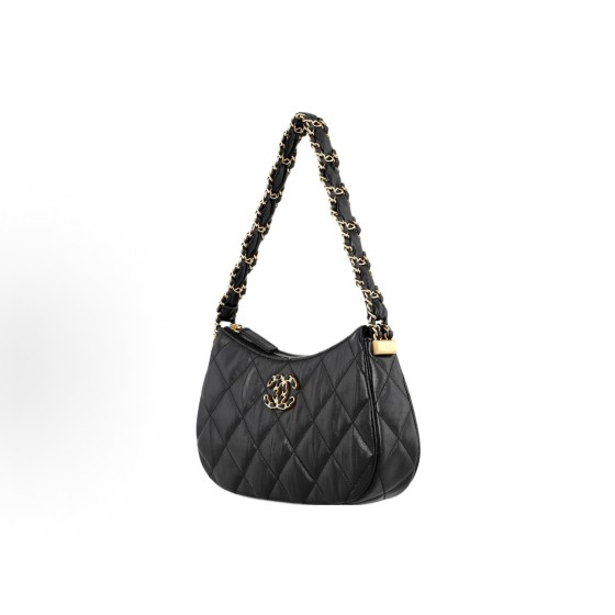 CHANEL 23K double C leather, chain diamond-shaped checkered underarm bag, Hobo, hand and shoulder bag, black
