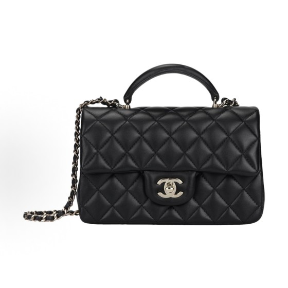 CHANEL Classic Flap CF Gold label Double C Logo diamond-quilted leather chain mouth cover crossbody handbag mini black