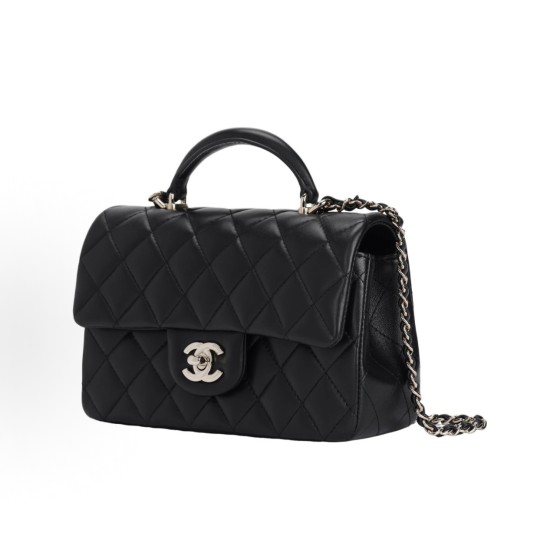 CHANEL Classic Flap CF Gold label Double C Logo diamond-quilted leather chain mouth cover crossbody handbag mini black