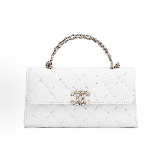 CHANEL 23P diamond-shaped checkered leather chain handle, granular gold metal mouth cover bag, single-shoulder crossbody handbag, white