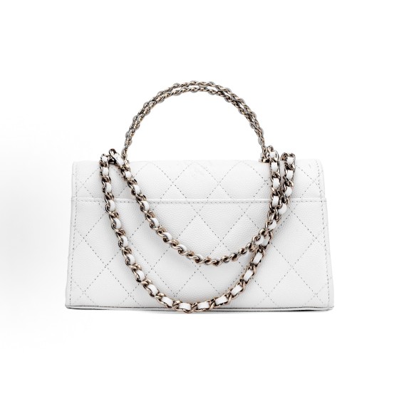 CHANEL 23P diamond-shaped checkered leather chain handle, granular gold metal mouth cover bag, single-shoulder crossbody handbag, white