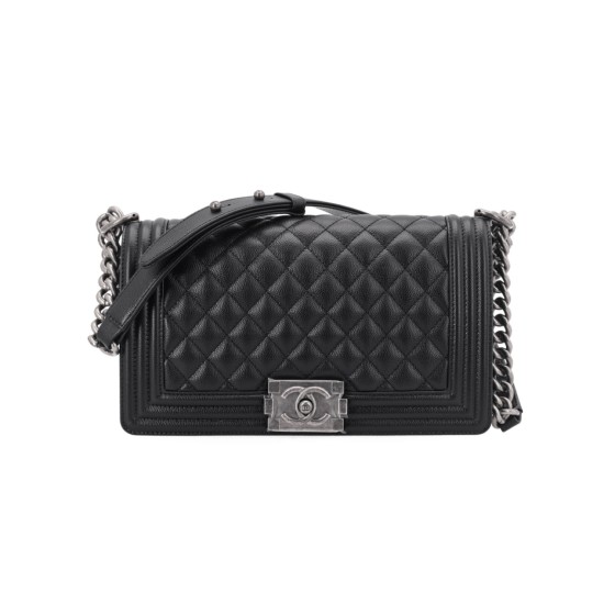 CHANEL Leboy vintage silver clasp diamond-shaped double C Logo calfskin single-shoulder crossbody bag, medium size, black for both men and women