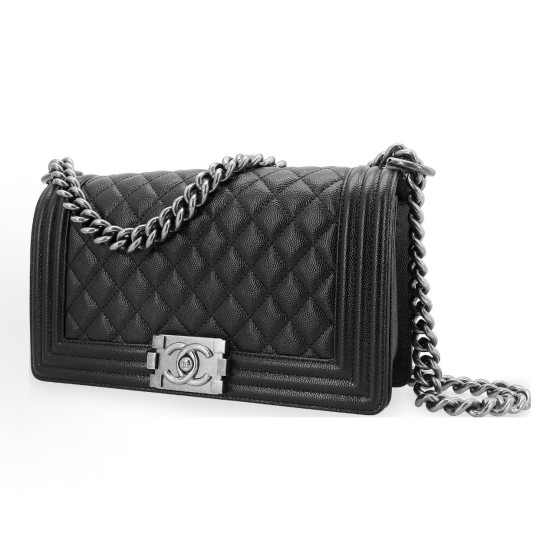 CHANEL Leboy vintage silver clasp diamond-shaped double C Logo calfskin single-shoulder crossbody bag, medium size, black for both men and women