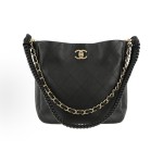 CHANEL 23A hippie bag with chain diamond-patterned calfskin and golden metal shoulder bag, medium size black