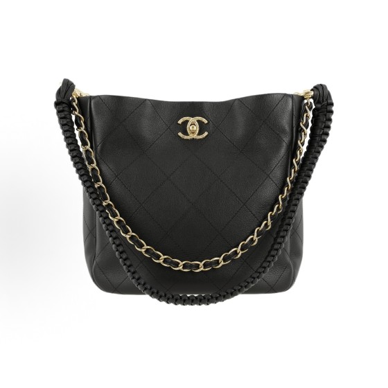 CHANEL 23A hippie bag with chain diamond-patterned calfskin and golden metal shoulder bag, medium size black