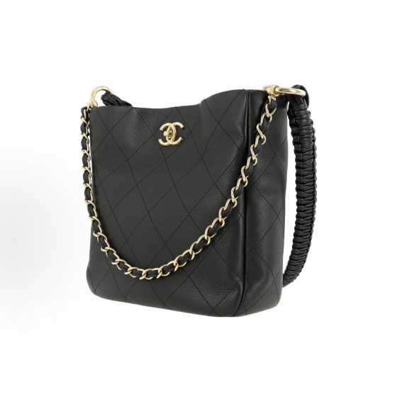 CHANEL 23A hippie bag with chain diamond-patterned calfskin and golden metal shoulder bag, medium size black