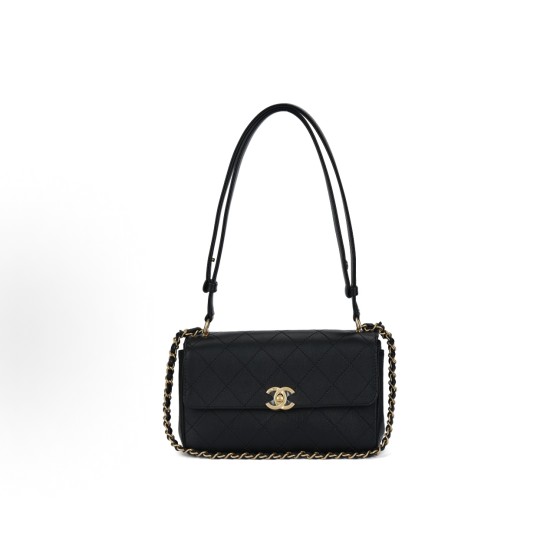 CHANEL 26C gold label Double C Logo diamond-quilted leather chain-through calfskin single-shoulder bag, small black