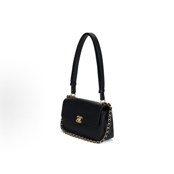 CHANEL 26C gold label Double C Logo diamond-quilted leather chain-through calfskin single-shoulder bag, small black