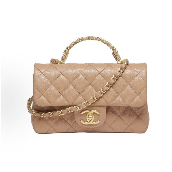 CHANEL Classic Flap CF 25B chain design granular embossed glossy calfskin combined with gold metal handbag mini camel color
