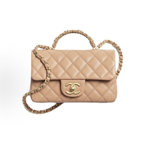 CHANEL Classic Flap CF 25B chain design granular embossed glossy calfskin combined with gold metal handbag mini camel color