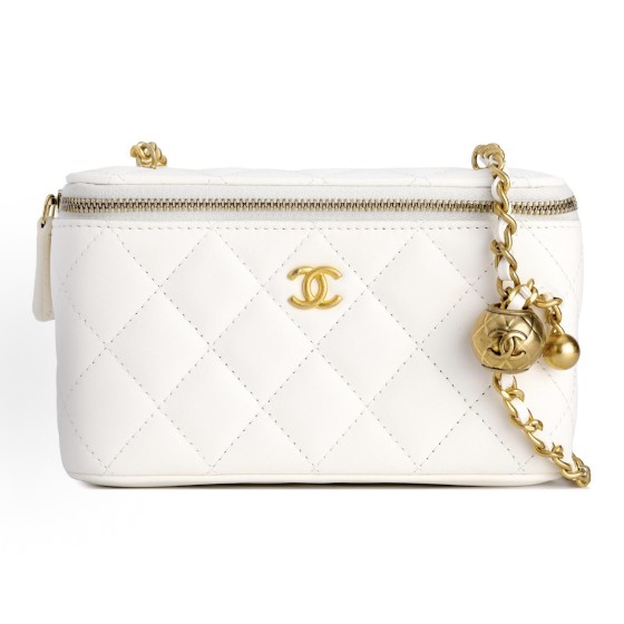 CHANEL little golden ball diamond-patterned leather chain-through sheepskin box bag, single-shoulder crossbody bag, regular white