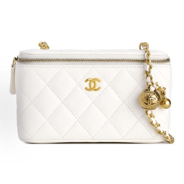CHANEL little golden ball diamond-patterned leather chain-through sheepskin box bag, single-shoulder crossbody bag, regular white