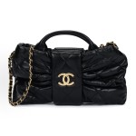 CHANEL 25K brand Logo bow bag, vintage gold chain handbag made of sheepskin, mini black
