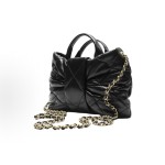 CHANEL 25K brand Logo bow bag, vintage gold chain handbag made of sheepskin, mini black