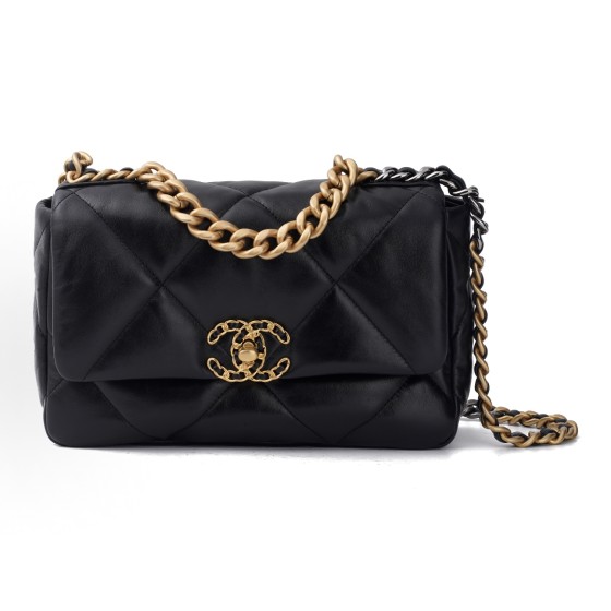 CHANEL 19Bag 21C distressed diamond-patterned leather chain shoulder bag with a lid cover, small size for women, black