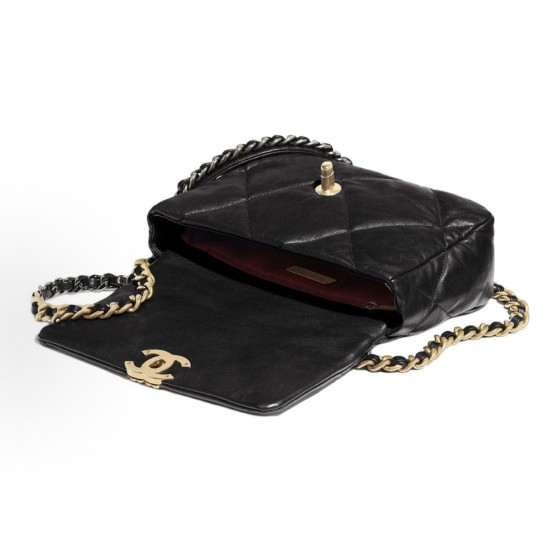 CHANEL 19Bag 21C distressed diamond-patterned leather chain shoulder bag with a lid cover, small size for women, black