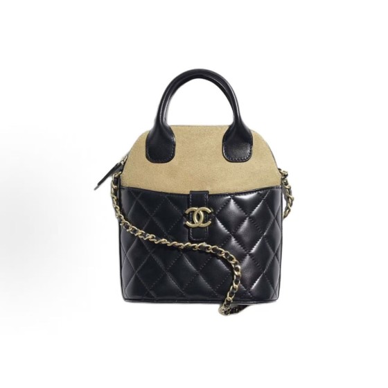 CHANEL 25A diamond-patterned leather single-shoulder suede material gold hardware handbag for women, black and beige