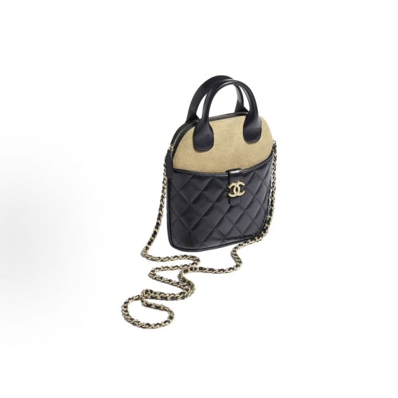 CHANEL 25A diamond-patterned leather single-shoulder suede material gold hardware handbag for women, black and beige