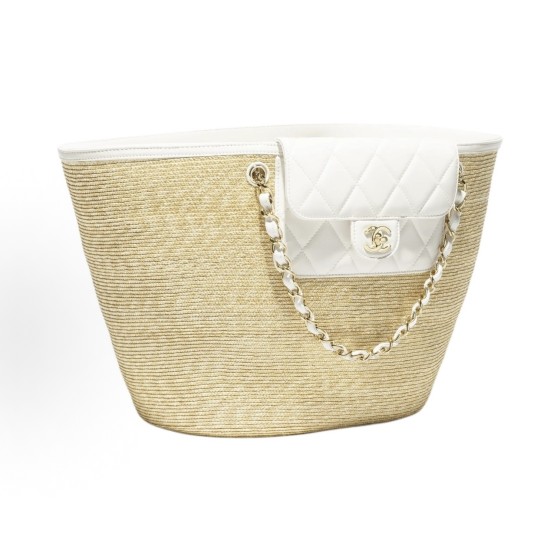 CHANEL 26C Gold label Double C Logo leather chain weaving design fabric material gold metal Tote bag Tote bag shopping bag handbag large size off-white