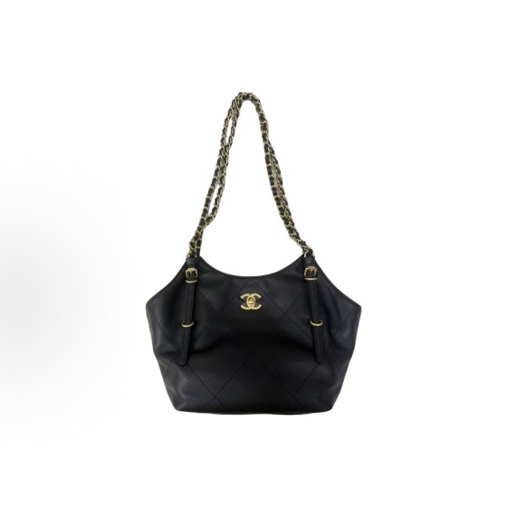 CHANEL 26C gold label Double C Logo diamond-quilted leather chain calf leather Tote bag, Tote bag, shopping bag, single-shoulder bag, small size for women, black