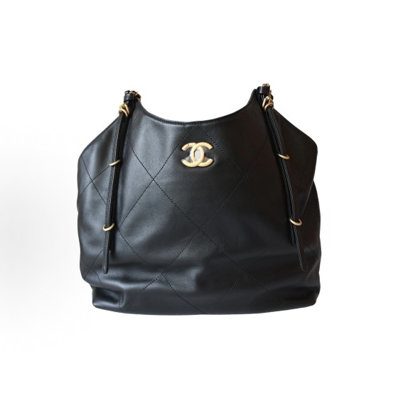 CHANEL 26C gold label Double C Logo diamond-quilted leather chain calf leather Tote bag, Tote bag, shopping bag, single-shoulder bag, small size for women, black