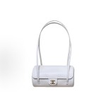 CHANEL 26P distressed gold label Double C Logo long handle granular embossed glossy calfskin with gold metal bowling bag handle and shoulder bag small size for women