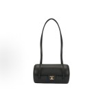 CHANEL 26P distressed gold label Double C Logo long handle granular embossed glossy calfskin with gold metal bowling bag handle and shoulder bag small size for women