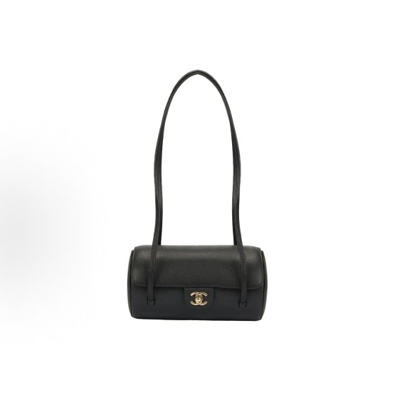 CHANEL 26P distressed gold label Double C Logo long handle granular embossed glossy calfskin with gold metal bowling bag handle and shoulder bag small size for women